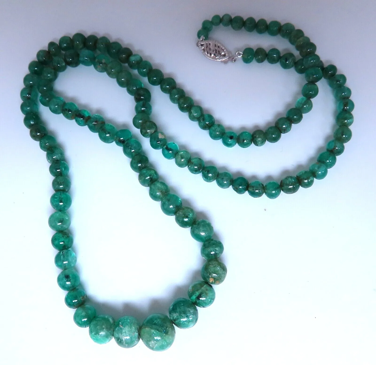 130ct Natural Emerald Beads necklace Graduated Strand 7-4mm 23 inch 14kt gold