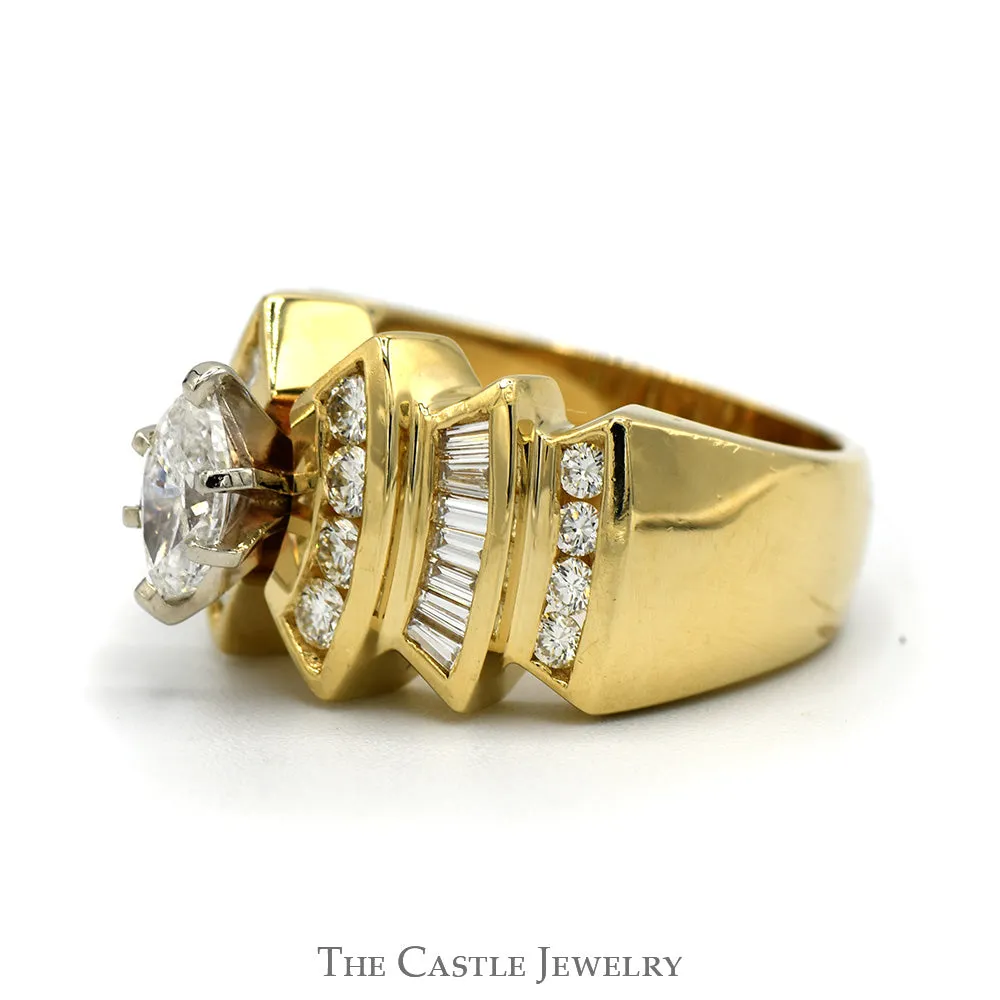 1.38cttw Marquise Cut Diamond Solitaire Ring with Channel Set Diamond Accents in 14k Yellow Gold