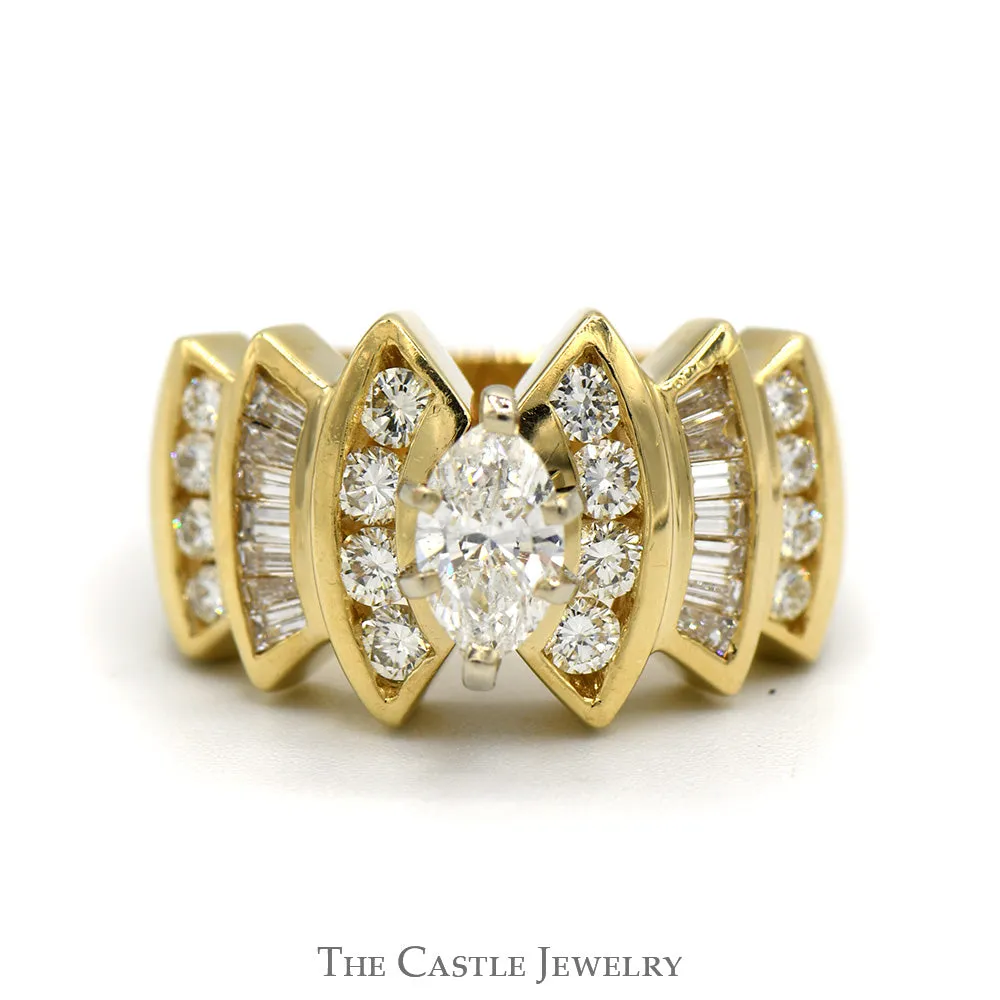 1.38cttw Marquise Cut Diamond Solitaire Ring with Channel Set Diamond Accents in 14k Yellow Gold