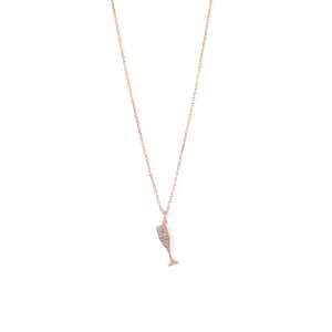 14 Karat Rose Gold Plated Sterling Silver CZ Champagne Glass Necklace