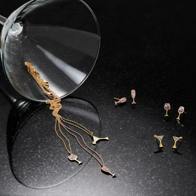 14 Karat Rose Gold Plated Sterling Silver CZ Champagne Glass Necklace