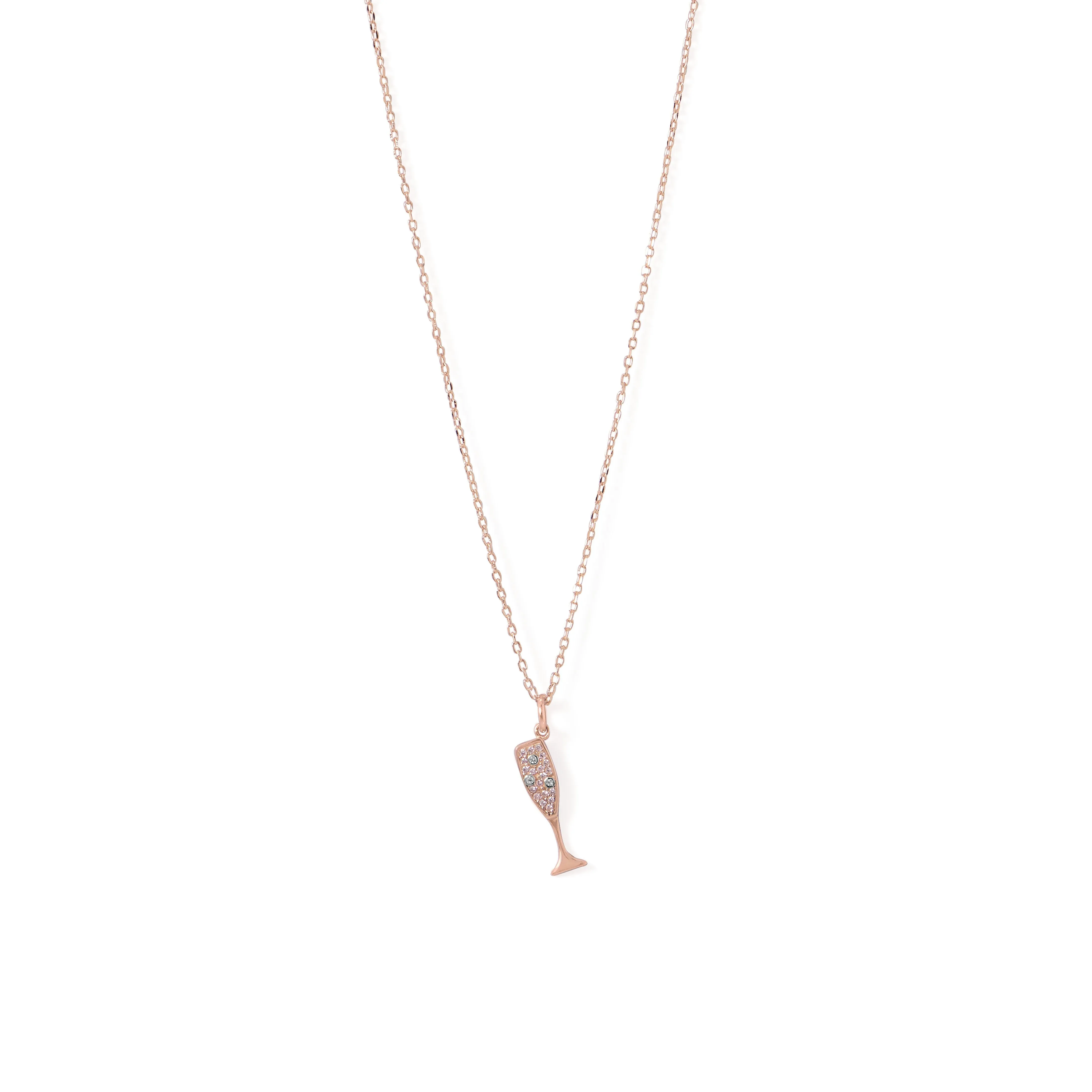 14 Karat Rose Gold Plated Sterling Silver CZ Champagne Glass Necklace