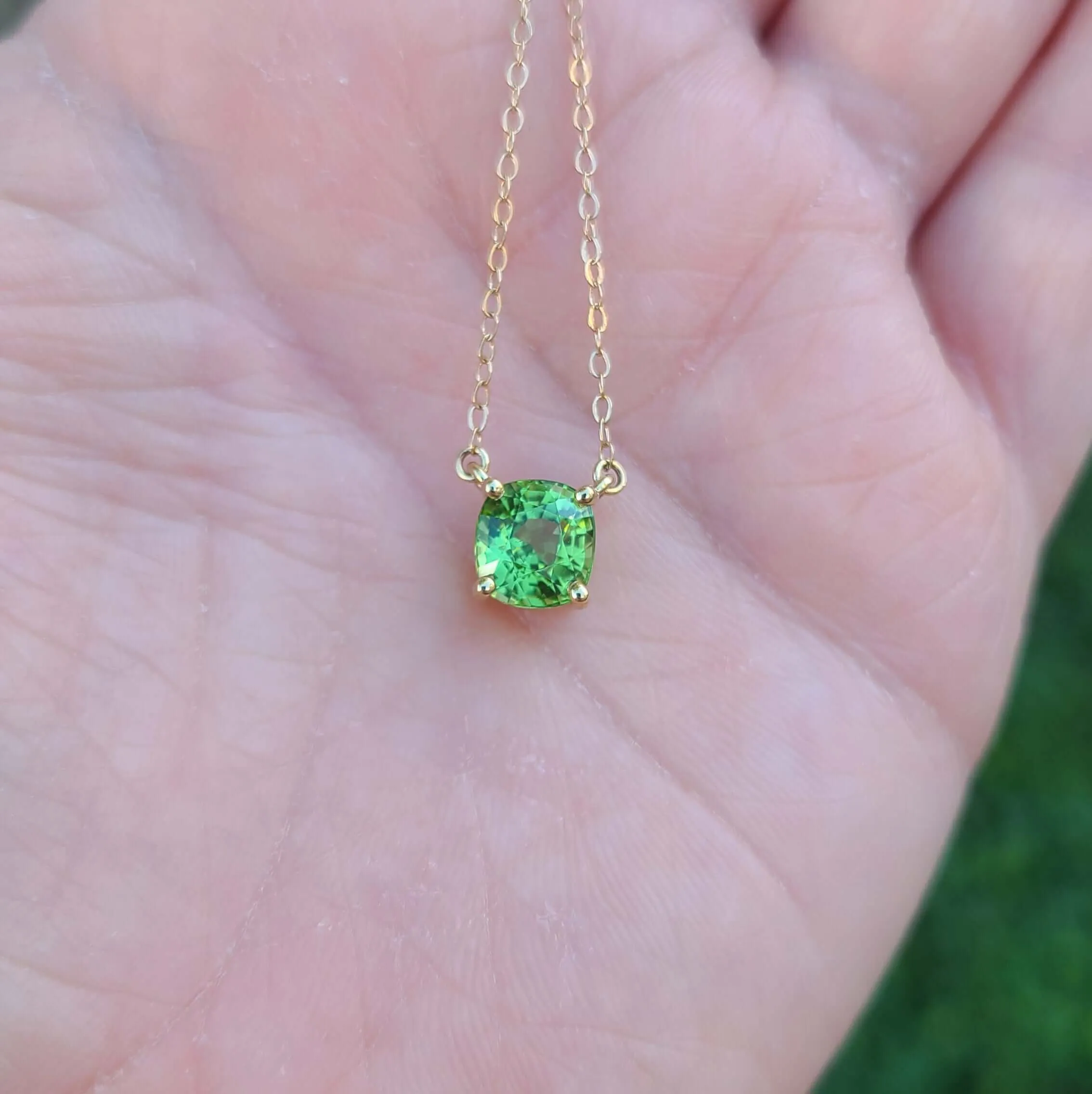 14K Bright Cushion Peridot Necklace in Yellow Gold