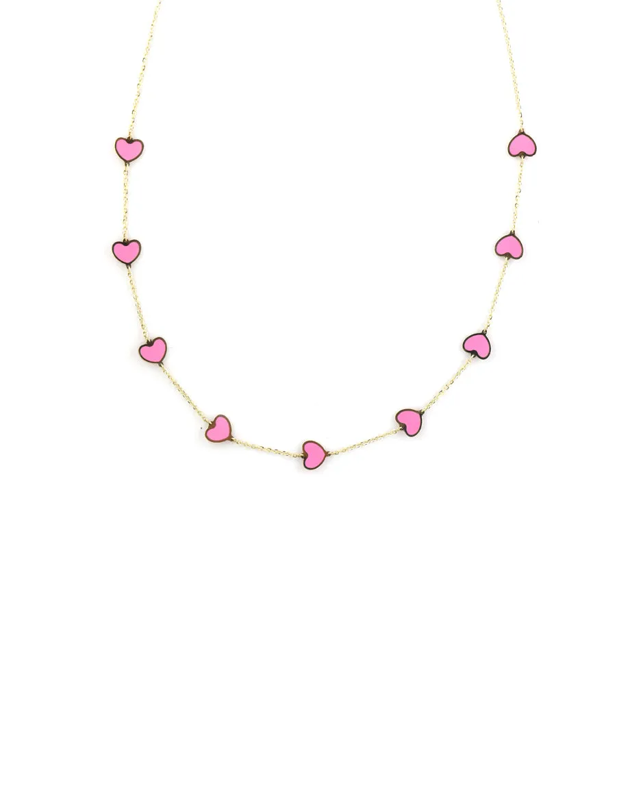 14K Gold Hot Pink Inlay Heart Station Necklace