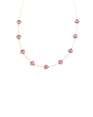 14K Gold Hot Pink Inlay Heart Station Necklace