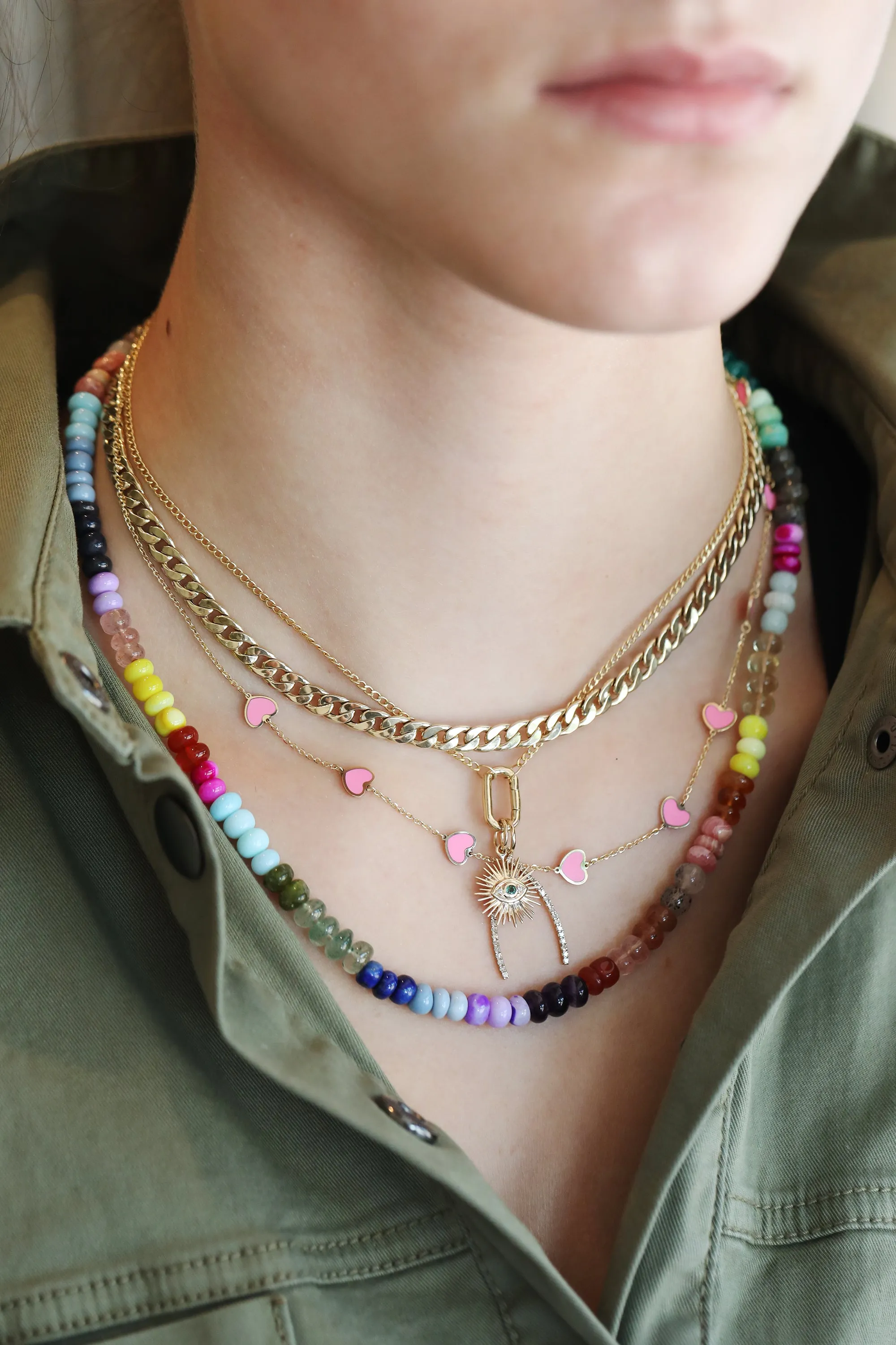 14K Gold Hot Pink Inlay Heart Station Necklace