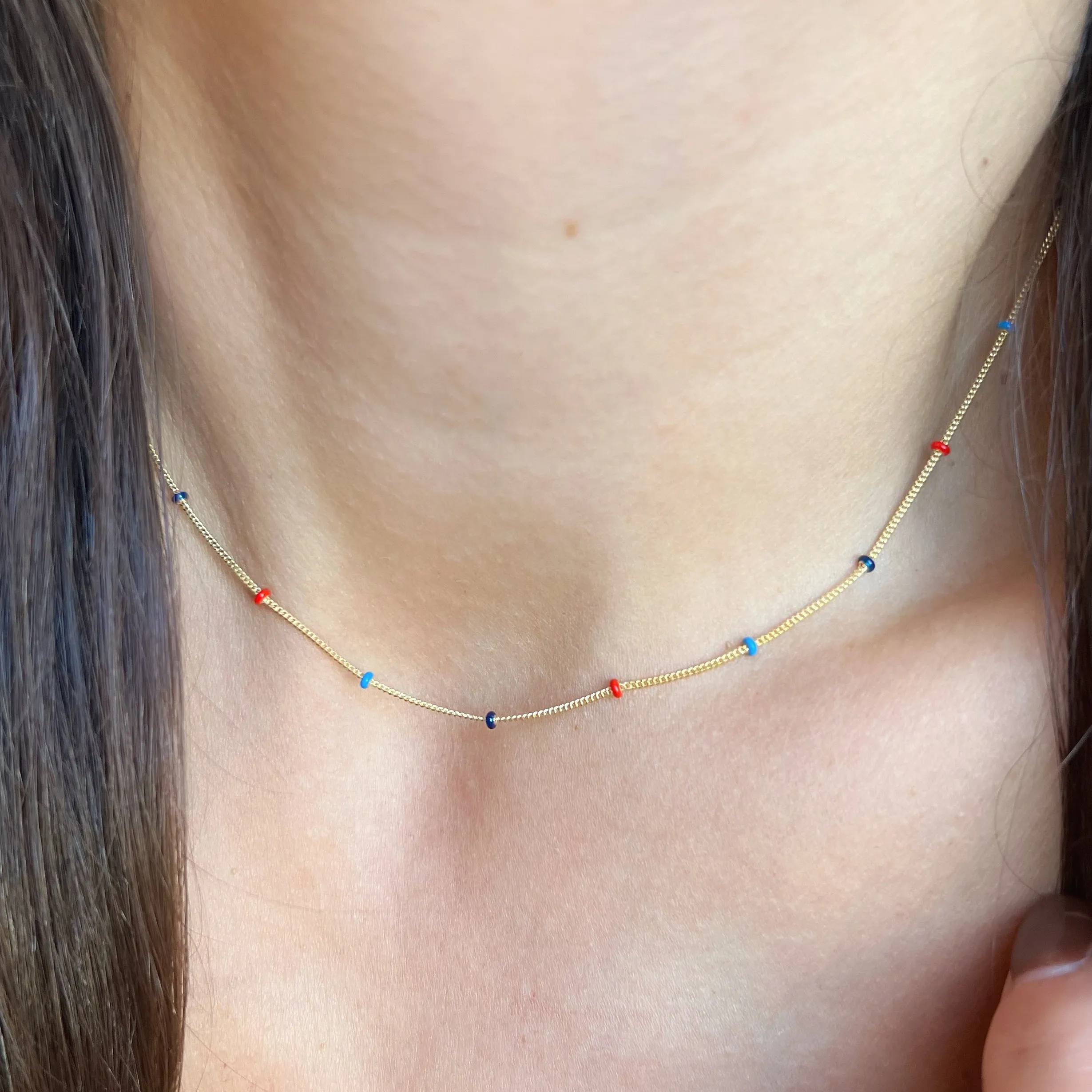 14K Gold Tri-Color Enamel Bead Chain Necklace