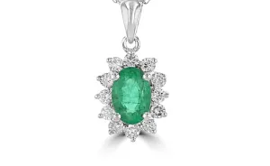 14k White Gold .41ct oval Emerald & .18cttw Diamond Halo Pendant