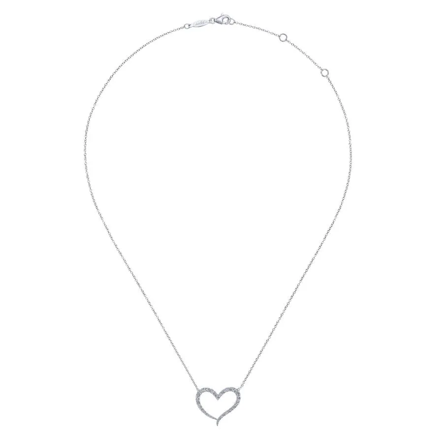 14K White Gold Open Heart Diamond Pendant Necklace