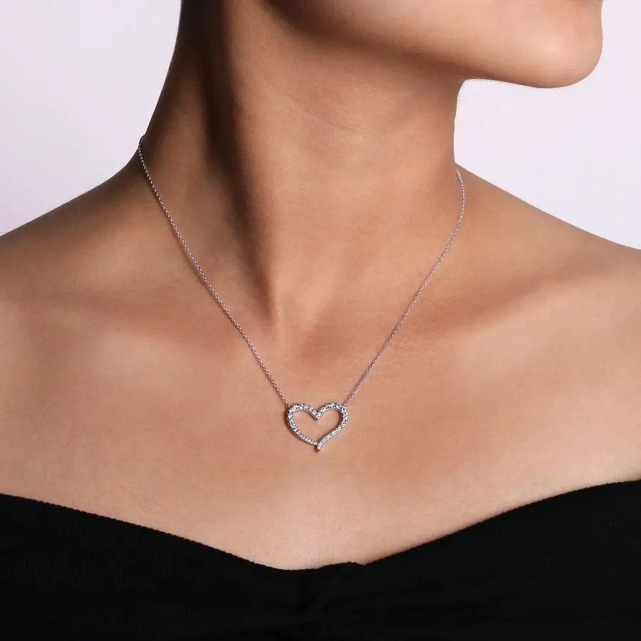 14K White Gold Open Heart Diamond Pendant Necklace