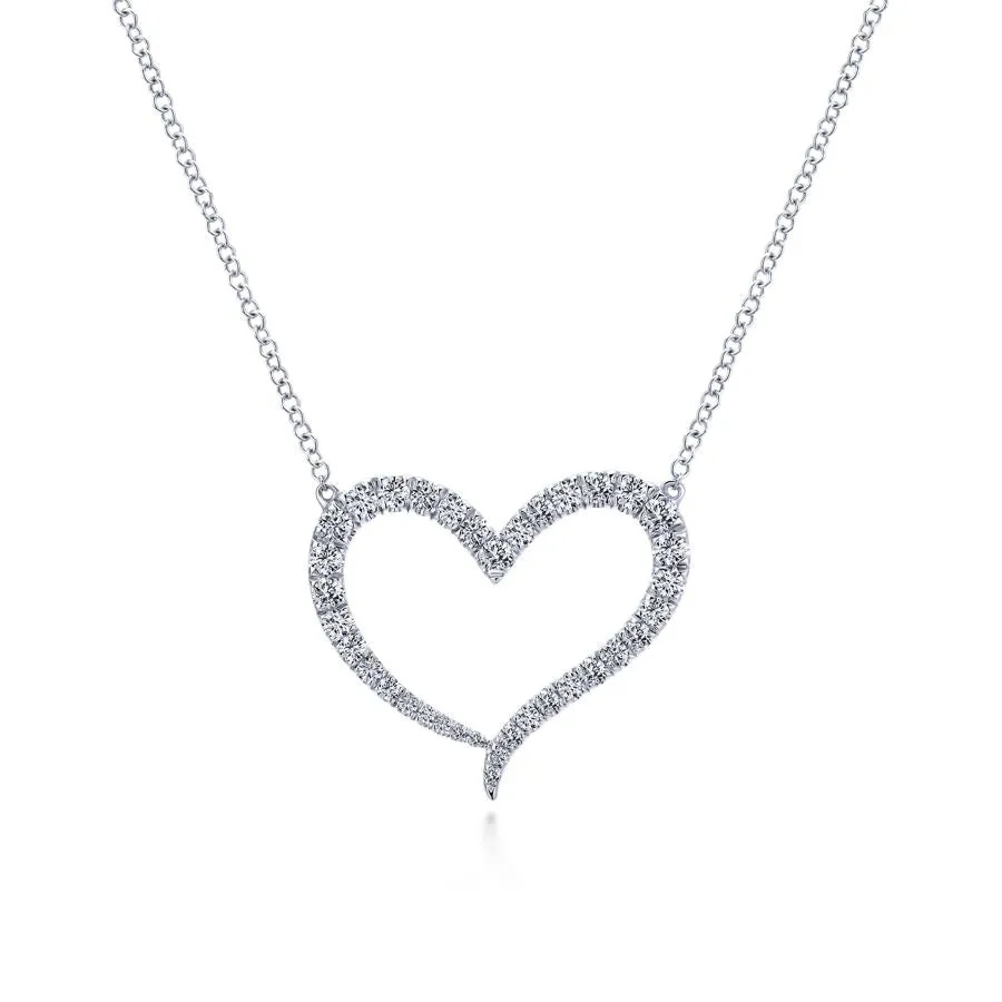 14K White Gold Open Heart Diamond Pendant Necklace