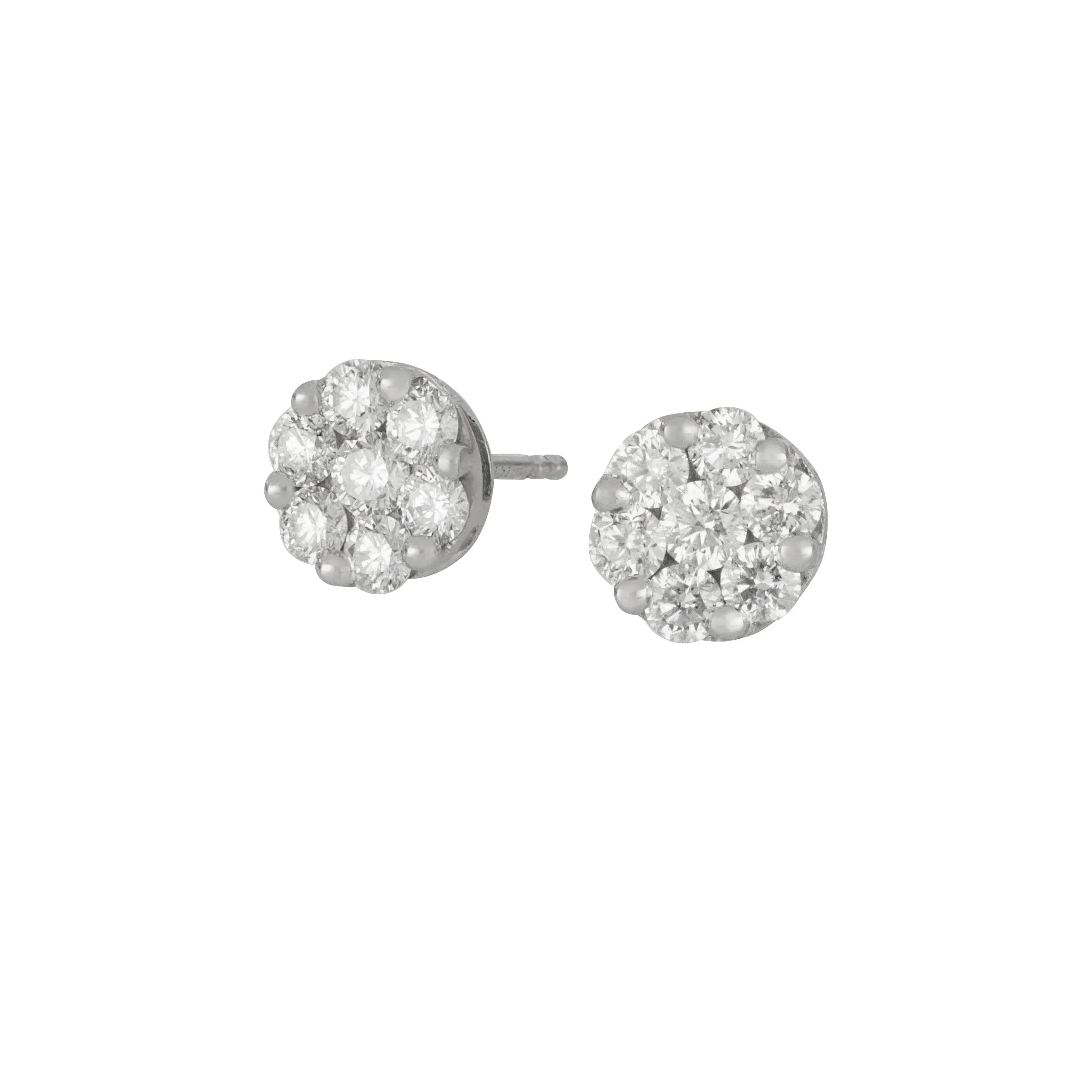 14k White Gold Round Diamond Cluster Earrings, D=1.05tw