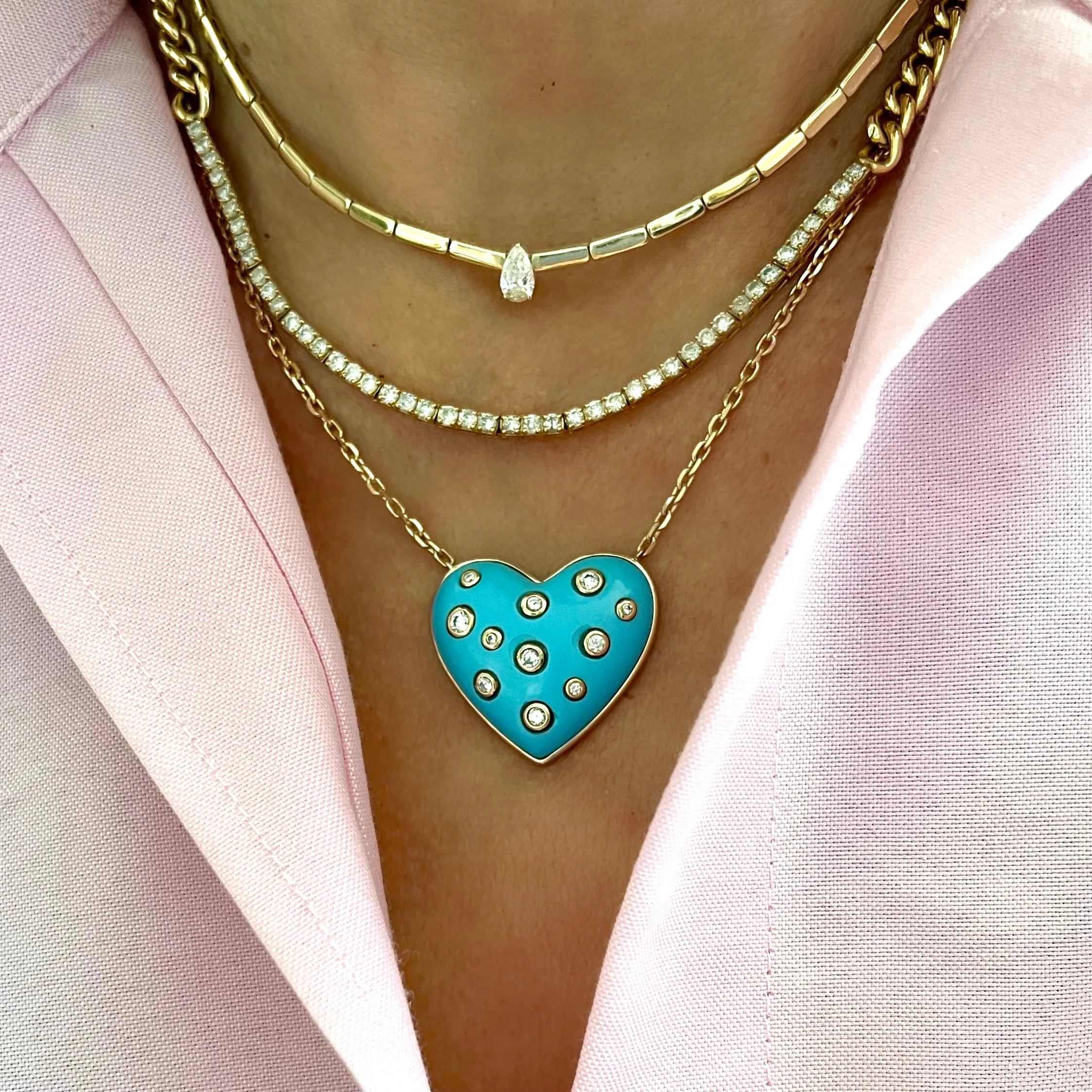 14KT Gold Diamond Jumbo Turquoise Heart Necklace