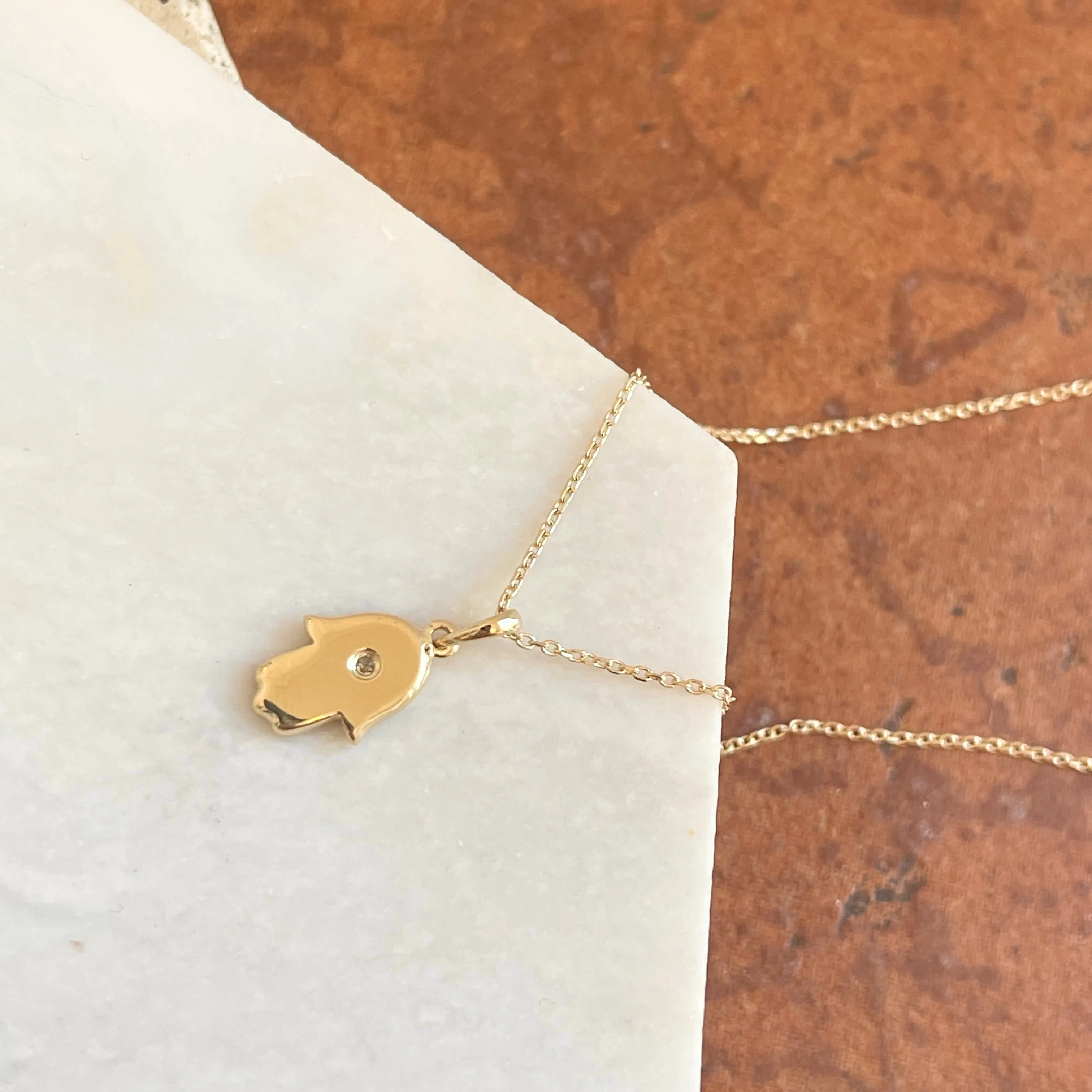 14KT Yellow Gold .03 CT Diamond Hamsa Pendant Necklace