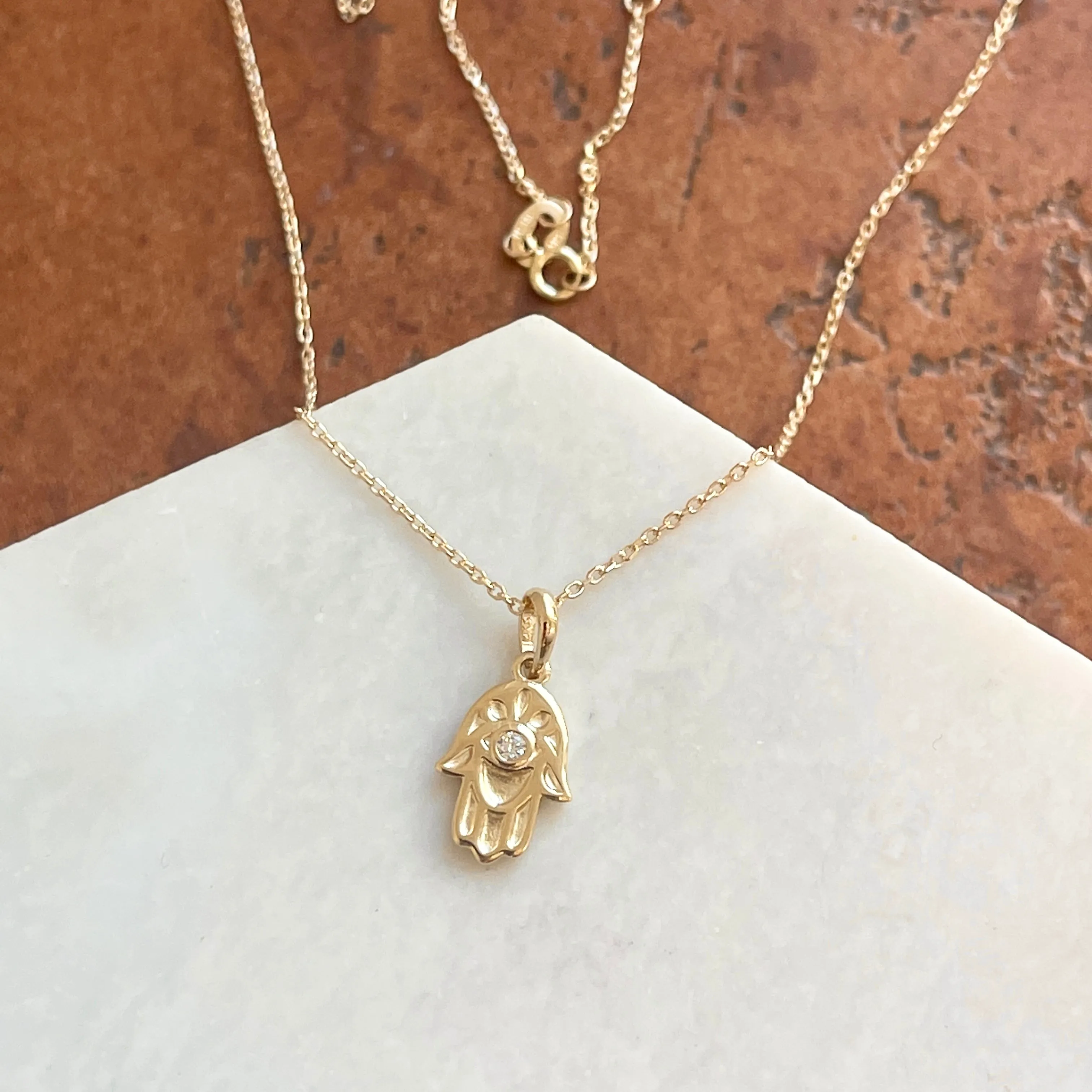 14KT Yellow Gold .03 CT Diamond Hamsa Pendant Necklace