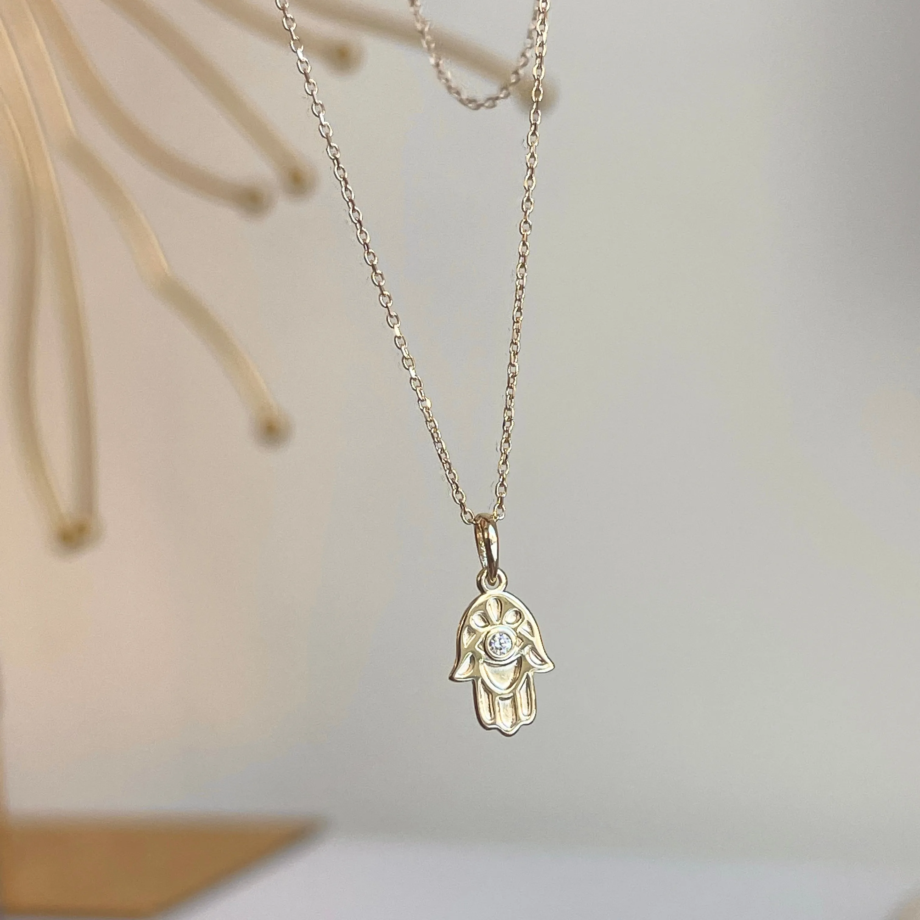 14KT Yellow Gold .03 CT Diamond Hamsa Pendant Necklace