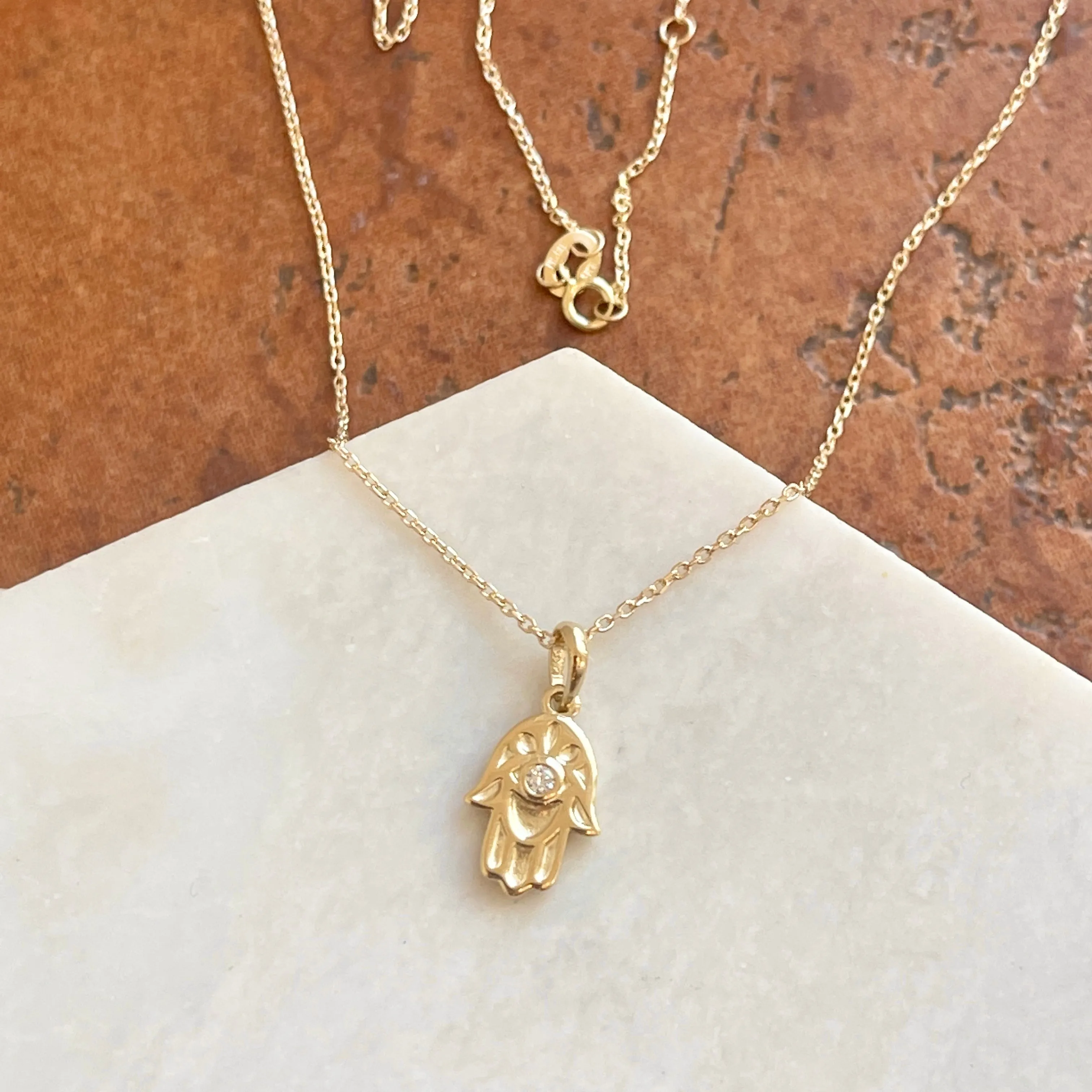 14KT Yellow Gold .03 CT Diamond Hamsa Pendant Necklace