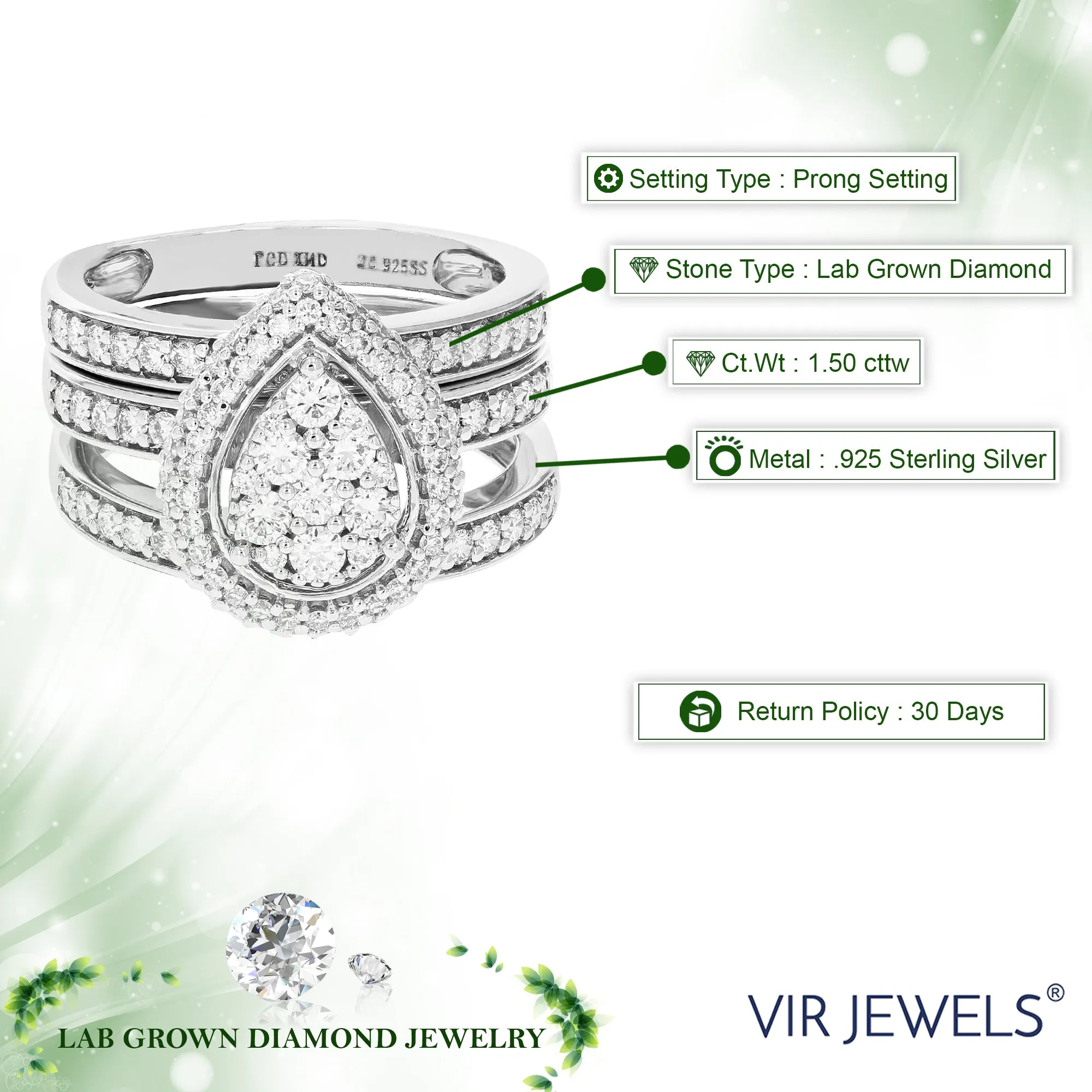 1.50 cttw Lab Grown Diamond Multi Row Bridal Set Sterling Silver