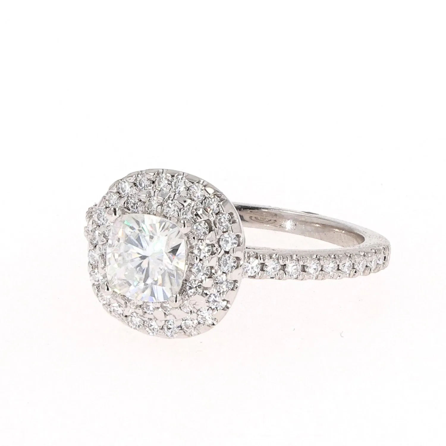 1.77 CTW DEW Cushion Moissanite Double Halo Engagement Ring in 14K White Gold