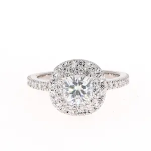 1.77 CTW DEW Cushion Moissanite Double Halo Engagement Ring in 14K White Gold