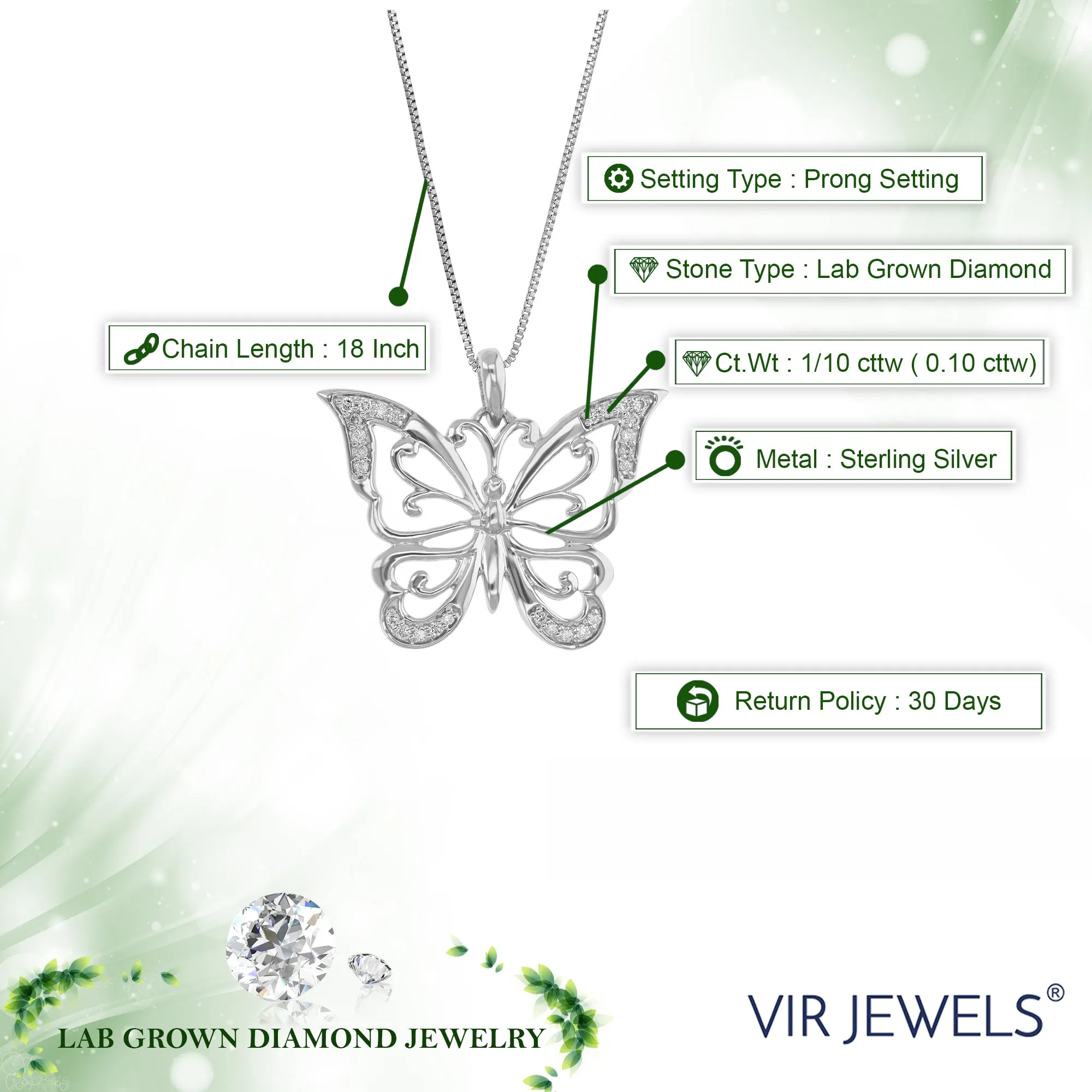 1/8 cttw Lab Grown Diamond Butterfly Pendant in Sterling Silver