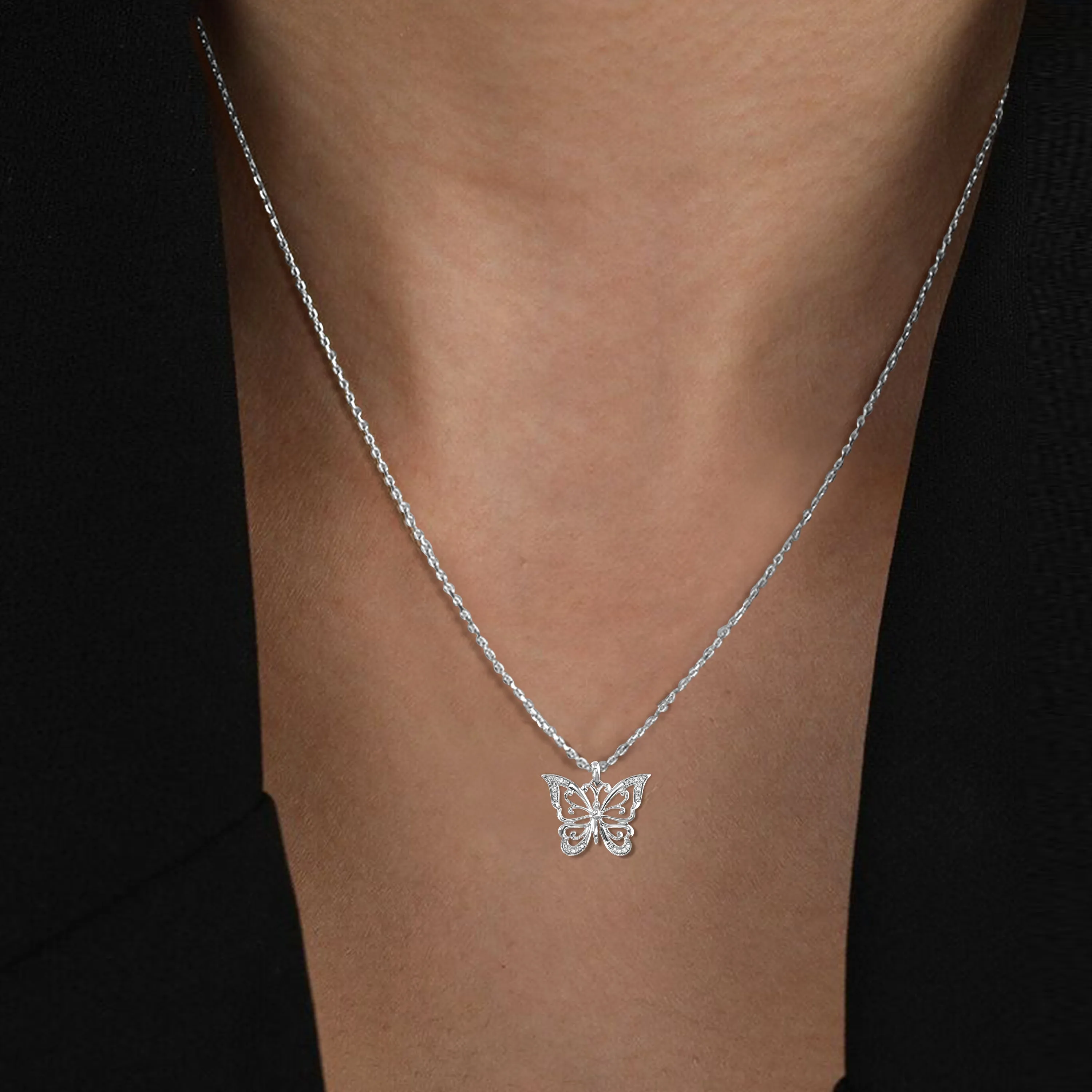 1/8 cttw Lab Grown Diamond Butterfly Pendant in Sterling Silver
