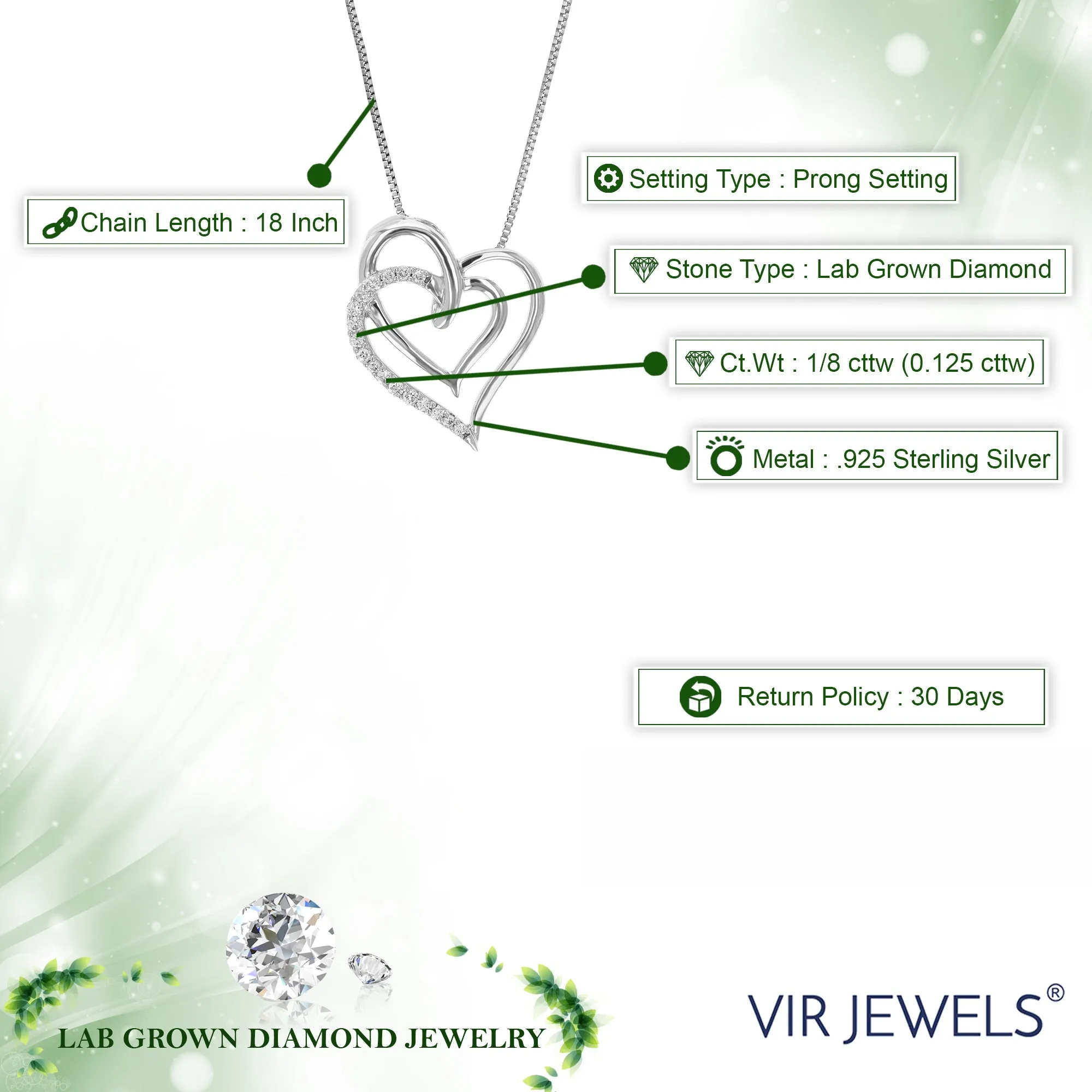 1/8 cttw Lab Grown Diamond Double Heart Pendant in Sterling Silver