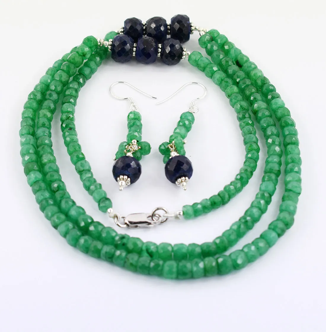 189 Cts 100% Certified Emerald Beads with Blue Sapphire Two Row Necklace, For Gift