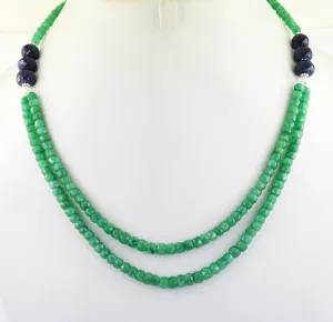 189 Cts 100% Certified Emerald Beads with Blue Sapphire Two Row Necklace, For Gift