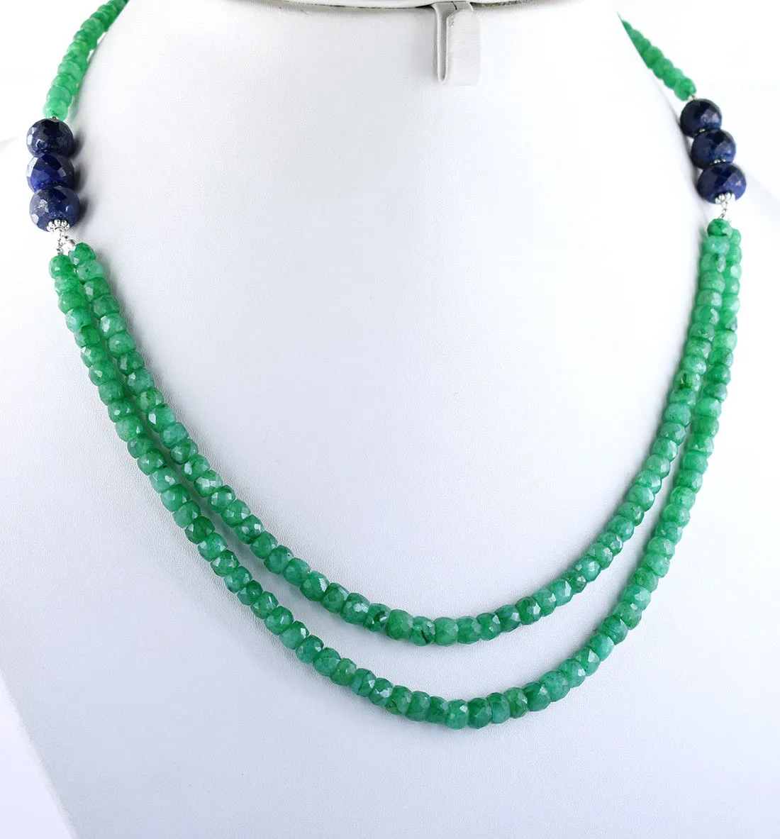 189 Cts 100% Certified Emerald Beads with Blue Sapphire Two Row Necklace, For Gift