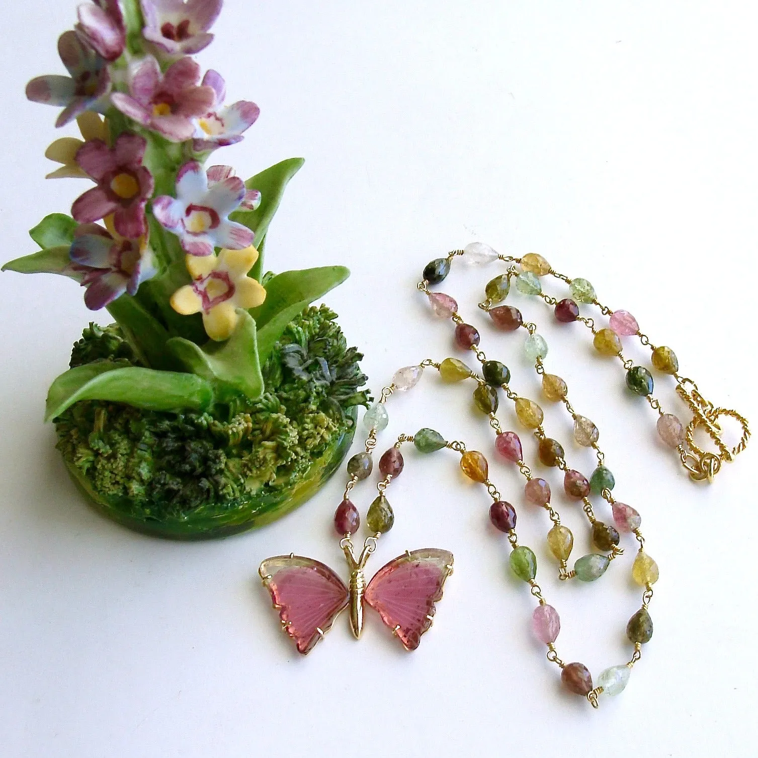 18K Gold Pink Mint Green Watermelon Tourmaline Butterfly Necklace - Le Papillon VII Necklace