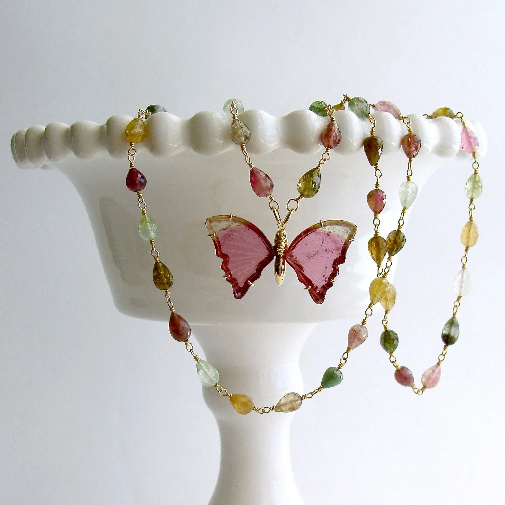 18K Gold Pink Mint Green Watermelon Tourmaline Butterfly Necklace - Le Papillon VII Necklace