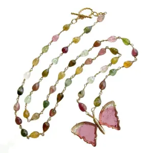 18K Gold Pink Mint Green Watermelon Tourmaline Butterfly Necklace - Le Papillon VII Necklace