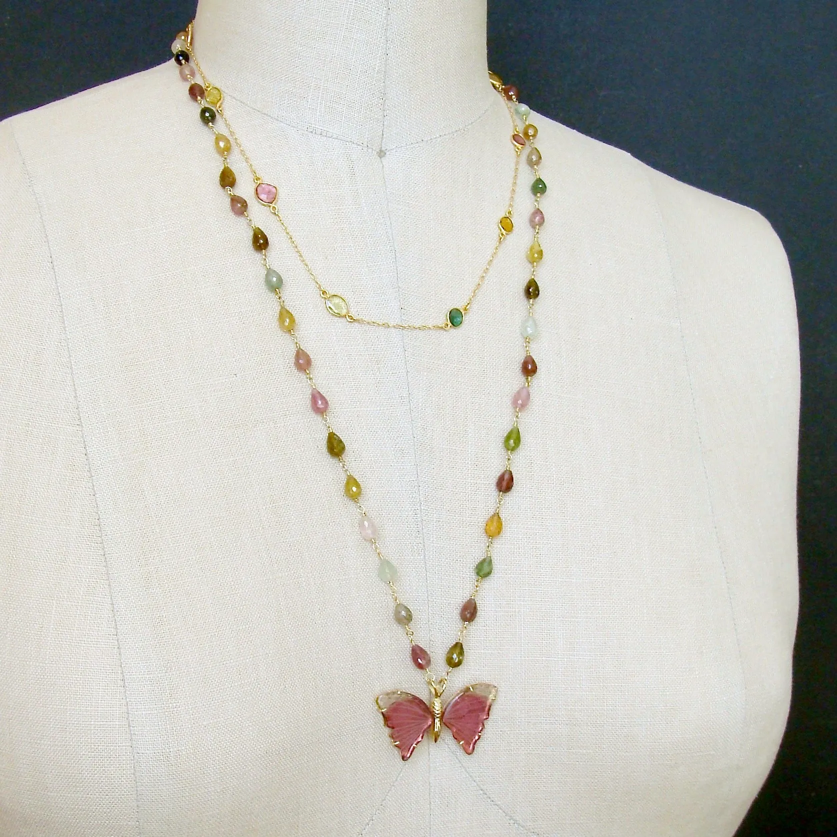 18K Gold Pink Mint Green Watermelon Tourmaline Butterfly Necklace - Le Papillon VII Necklace