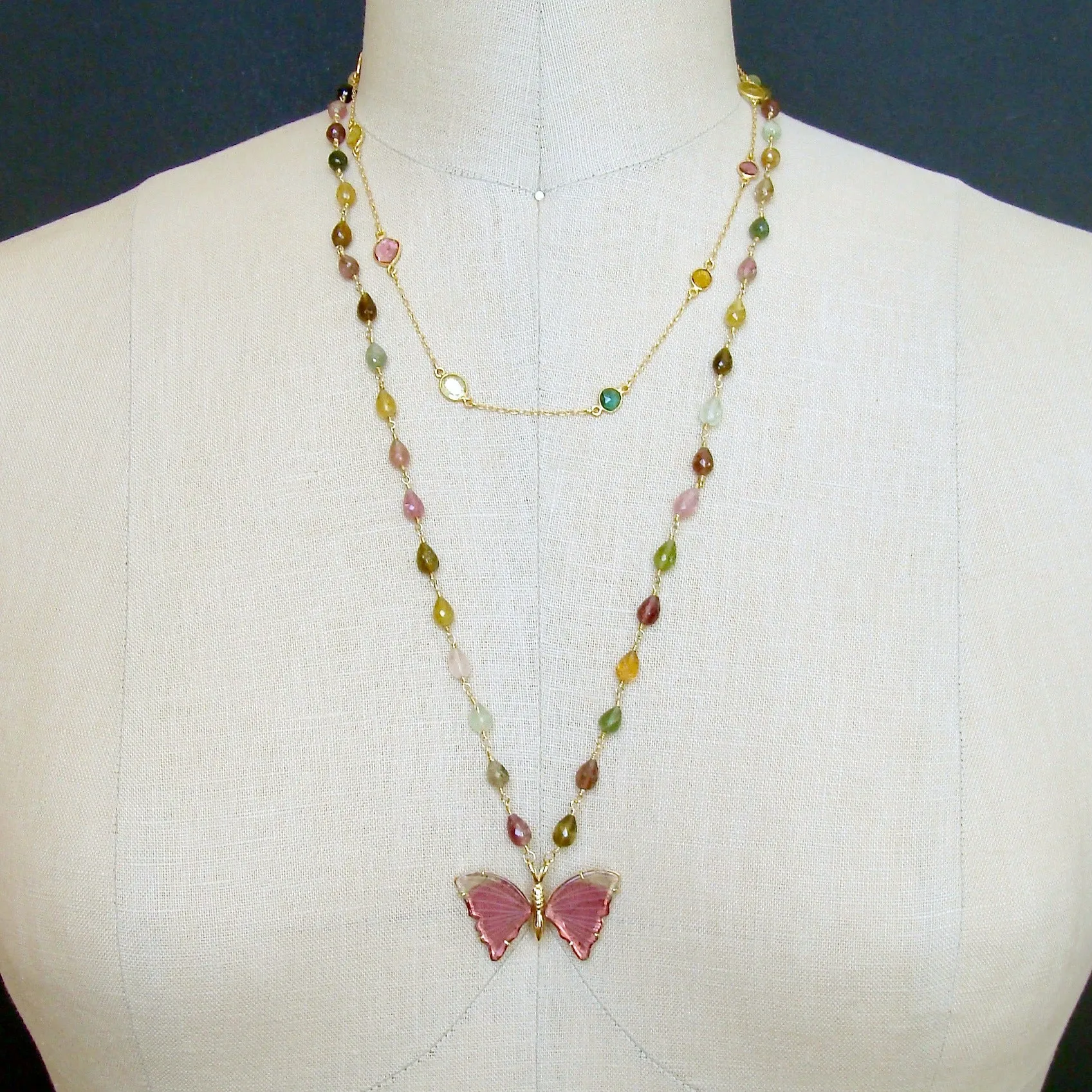 18K Gold Pink Mint Green Watermelon Tourmaline Butterfly Necklace - Le Papillon VII Necklace