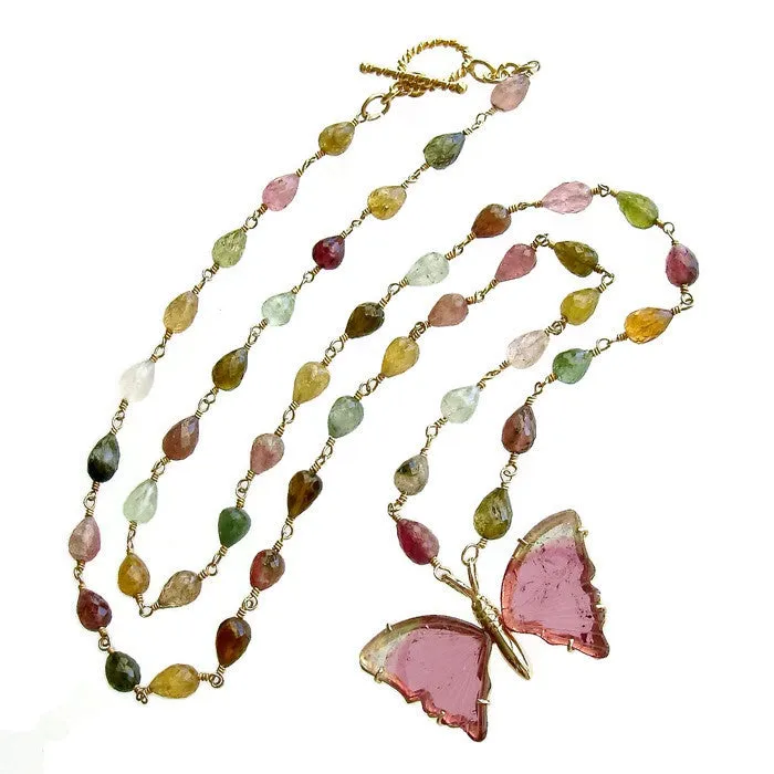 18K Gold Pink Mint Green Watermelon Tourmaline Butterfly Necklace - Le Papillon VII Necklace