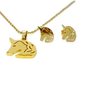 18k Gold Plated Fancy Stainless Steel Fashionable Unicorn Necklace & Earrings Set