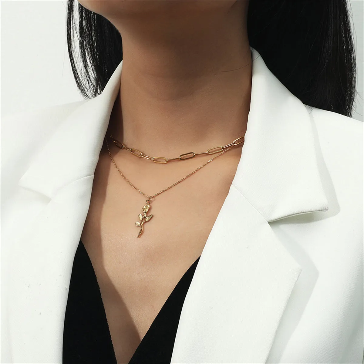 18K Gold-Plated Rose Chain Pendant Necklace Set