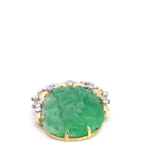 18k Two Tone 32.52 grams Pierced Carving  Oval Shape Mottled Green Jade/ 3.00ct E VS1 Baguette and Round Diamond Vintage (Disc) Jade Certified By GIA# 6237501581