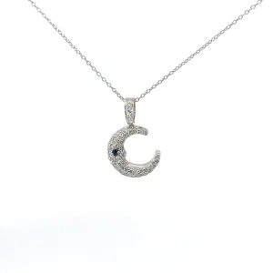 18k White Gold 1.00ct G SI1 Round Diamond and .05ct Round Blue Sapphire Moon Necklace