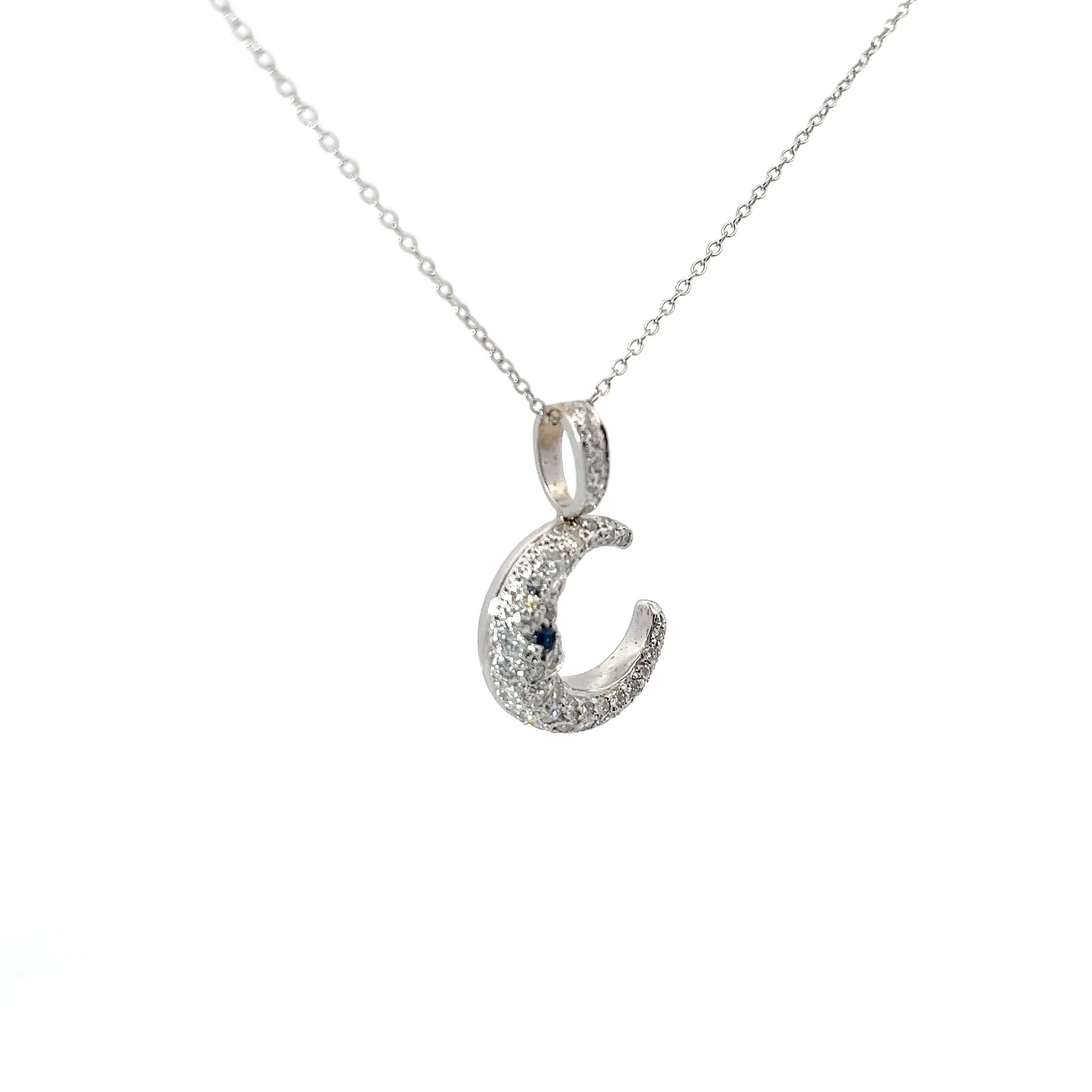 18k White Gold 1.00ct G SI1 Round Diamond and .05ct Round Blue Sapphire Moon Necklace