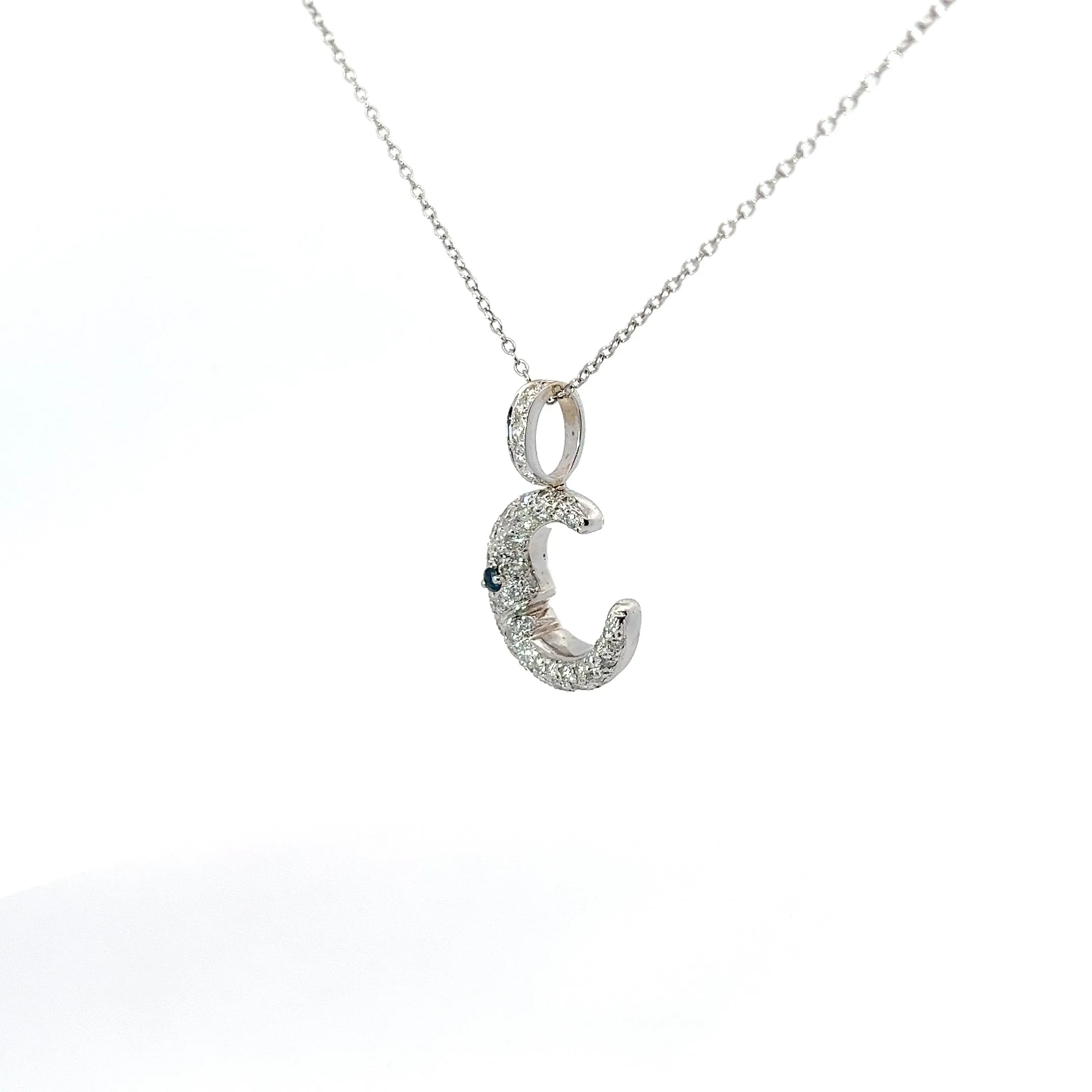 18k White Gold 1.00ct G SI1 Round Diamond and .05ct Round Blue Sapphire Moon Necklace