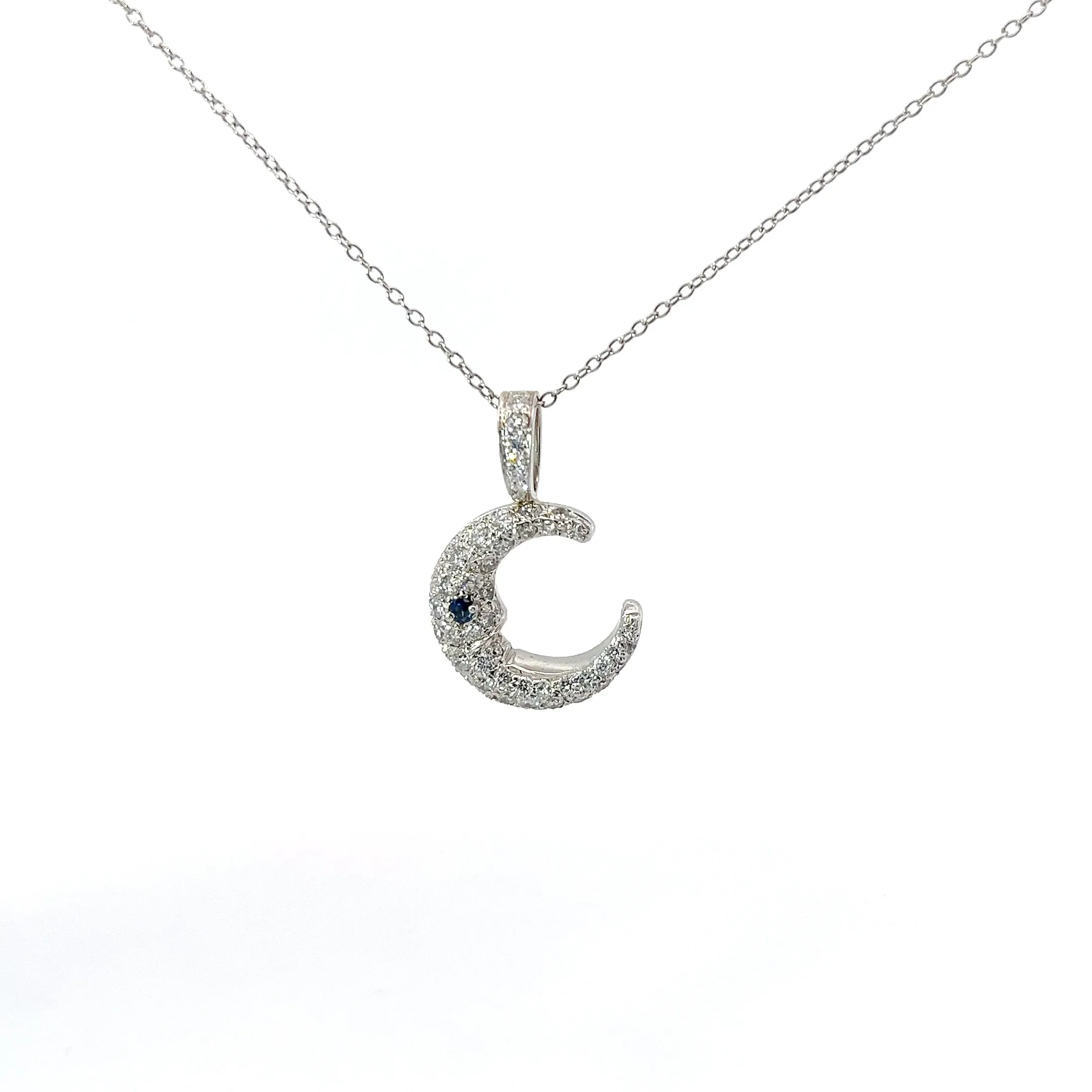18k White Gold 1.00ct G SI1 Round Diamond and .05ct Round Blue Sapphire Moon Necklace