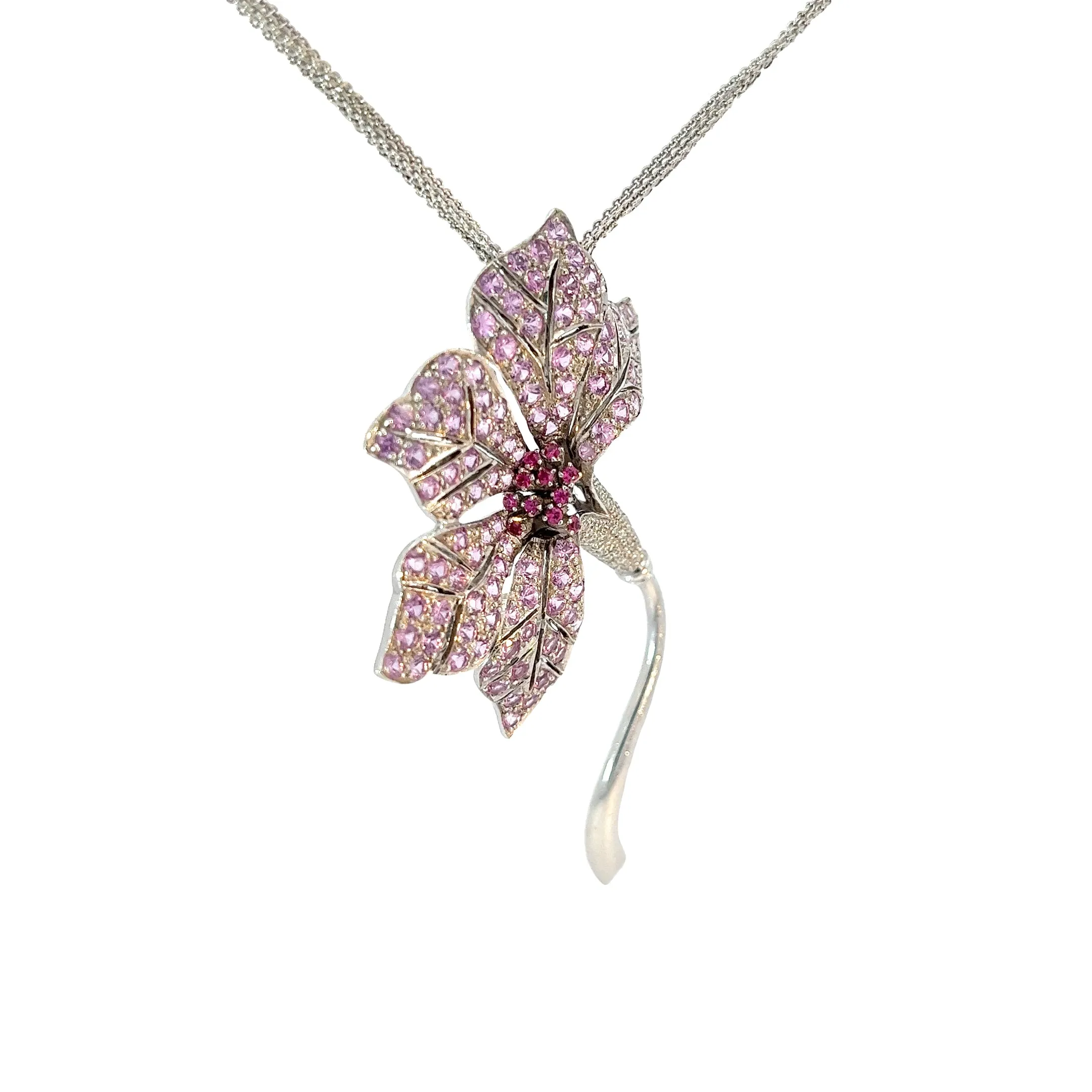 18k White Gold 3.70ct Round Pink Sapphire and .60ct G SI1 Round Diamond Necklace