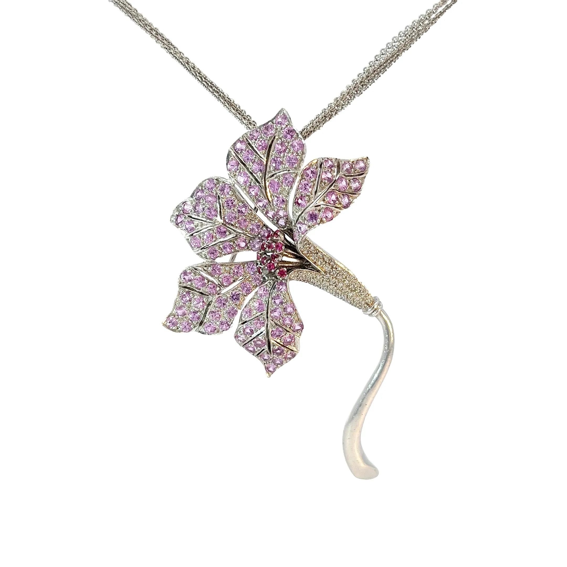 18k White Gold 3.70ct Round Pink Sapphire and .60ct G SI1 Round Diamond Necklace