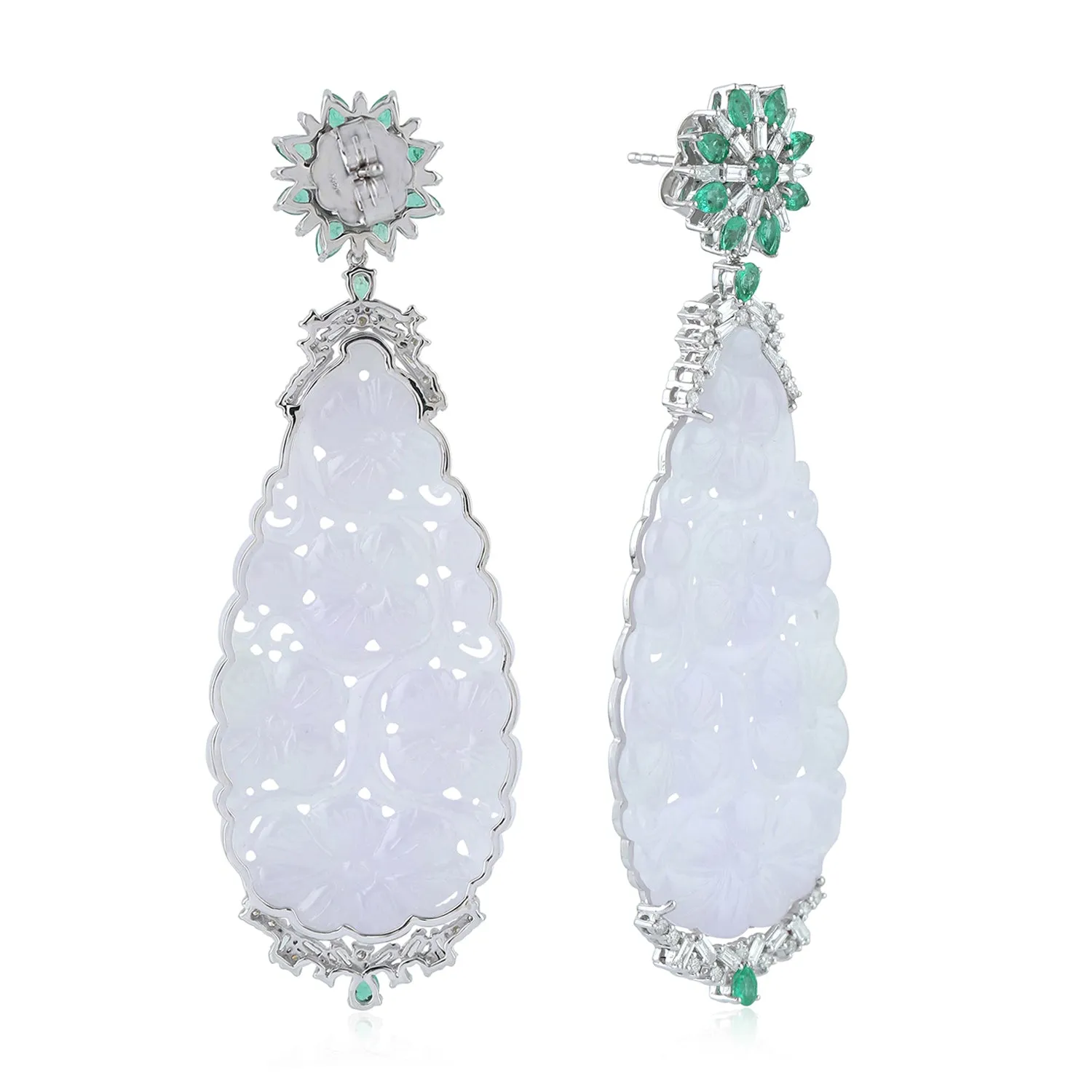 18K White Gold Drop Carved Jade Pear Emerald Baguette Diamond Wedding Dangler