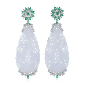 18K White Gold Drop Carved Jade Pear Emerald Baguette Diamond Wedding Dangler