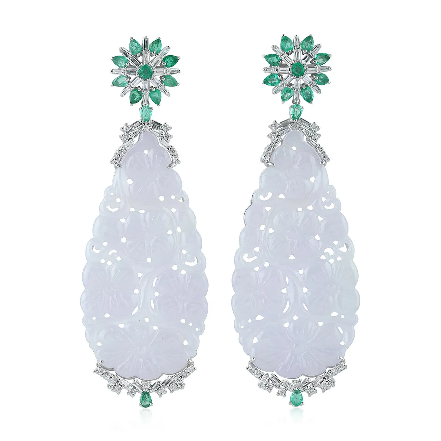 18K White Gold Drop Carved Jade Pear Emerald Baguette Diamond Wedding Dangler