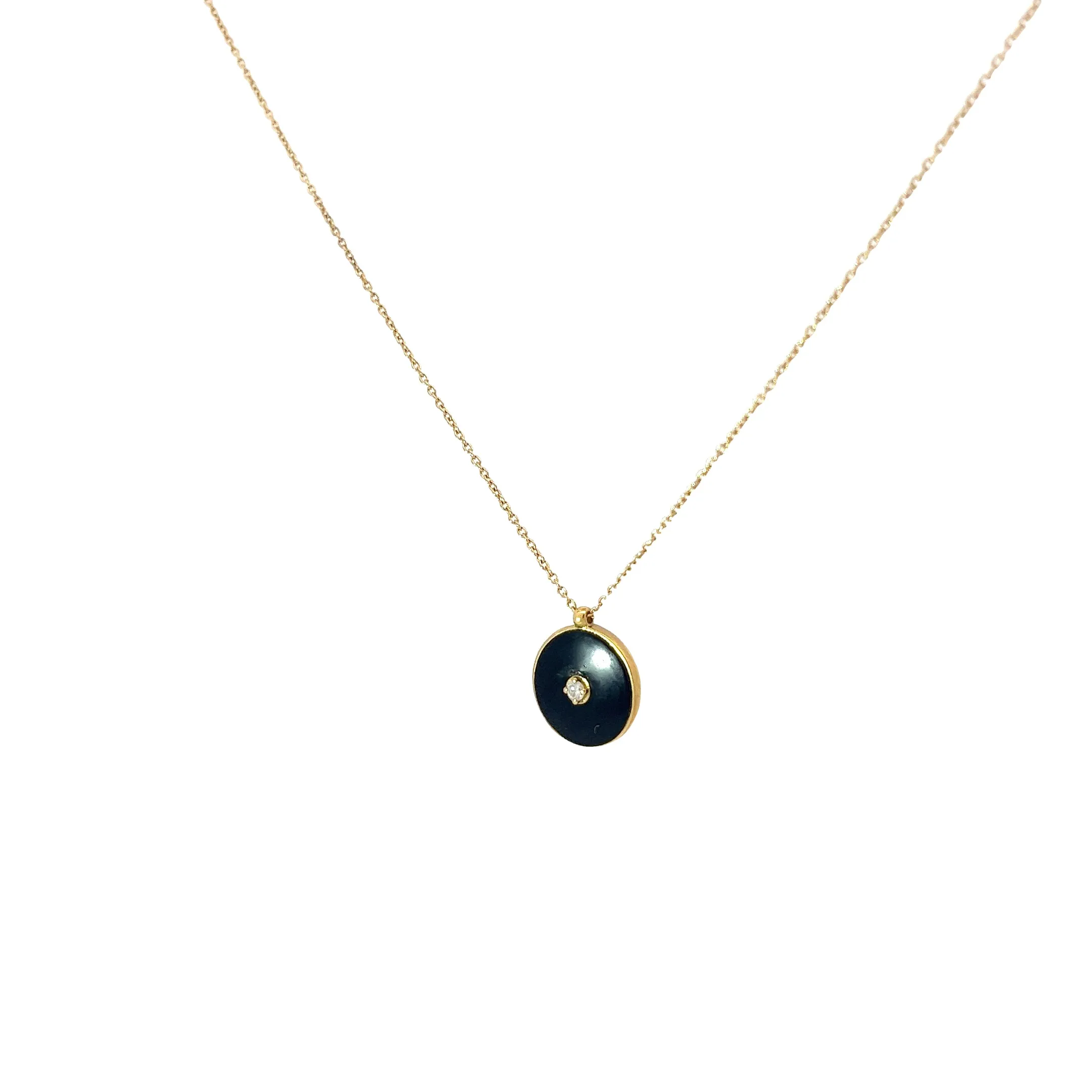 18k Yellow Gold Black Enamel Disc with Diamond Necklace