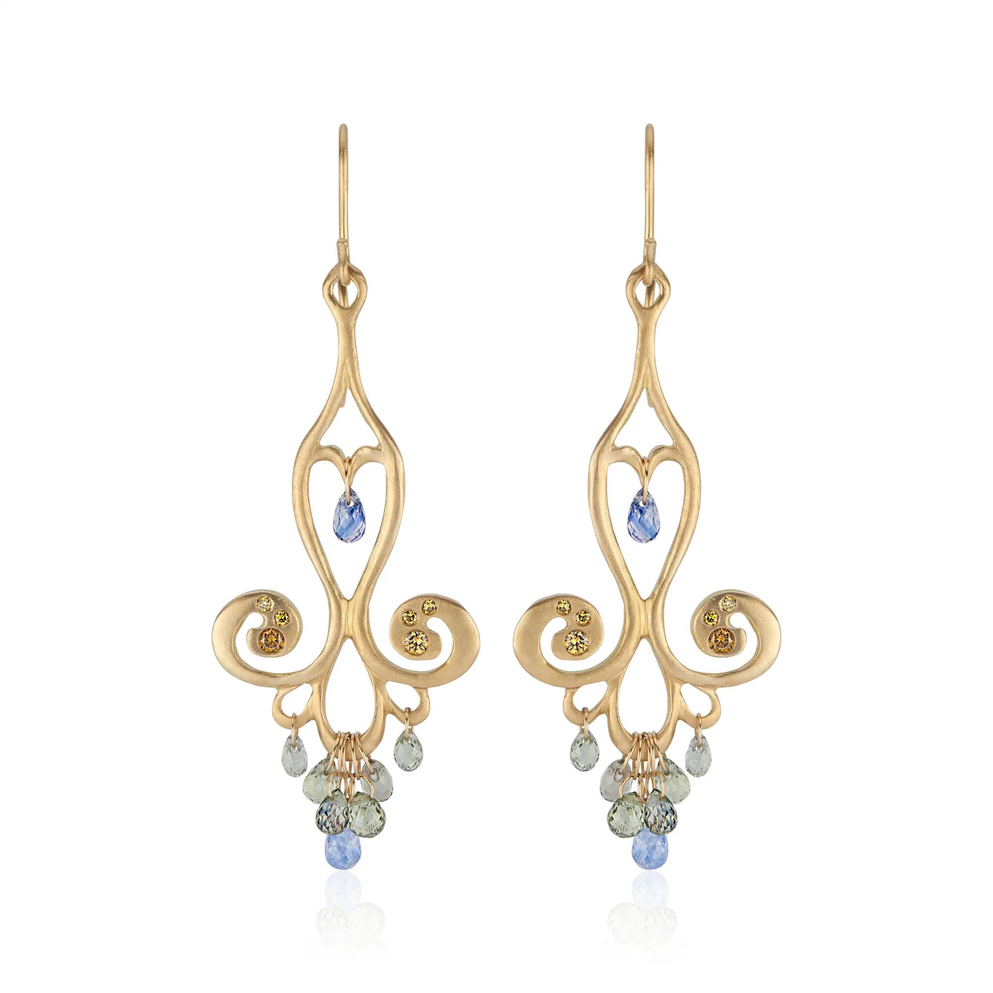 18k Yellow Gold Chandelier Earrings with Blue Sapphire Teardrops and Canary Diamonds